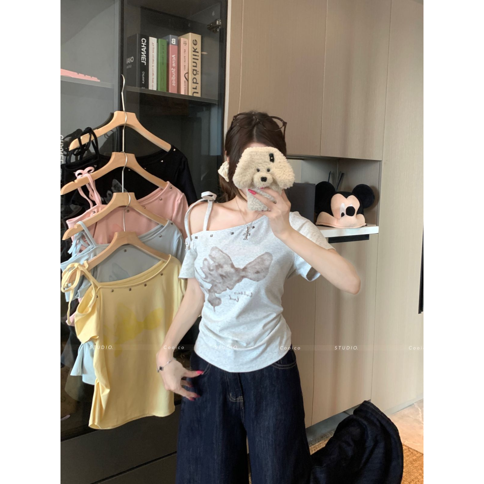 【佳佳】大码胖mm新款设计感欧若风系带不规则上衣宽松显瘦印花T恤