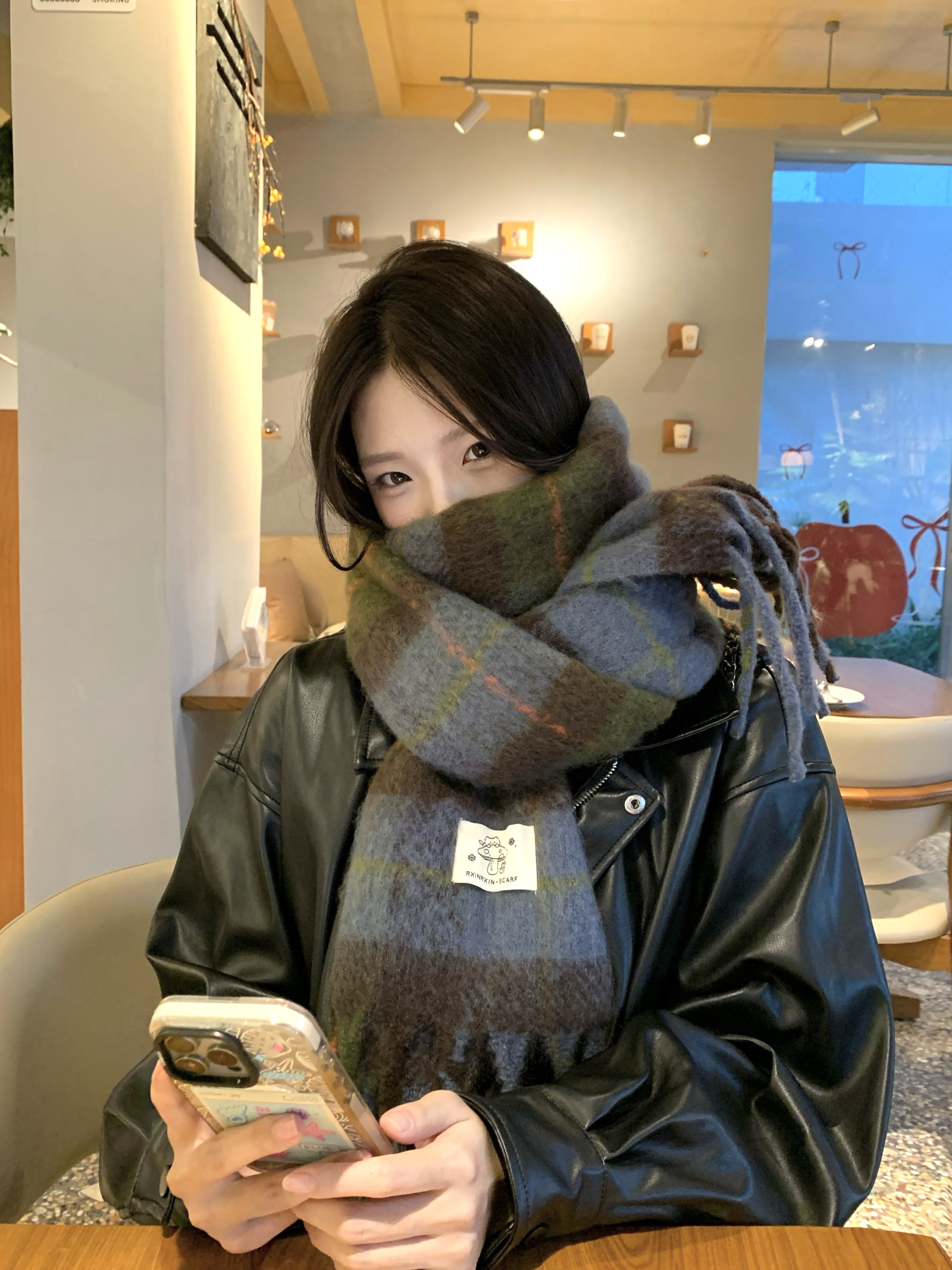 【大眼妹儿专属】蘑菇苔藓绿韩系氛围感新款格子学生围巾百搭保暖复