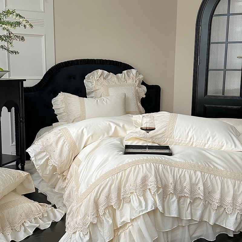 全棉纯棉夹棉款绗绣四件套公主蕾丝花边床单盖款四件套床盖款