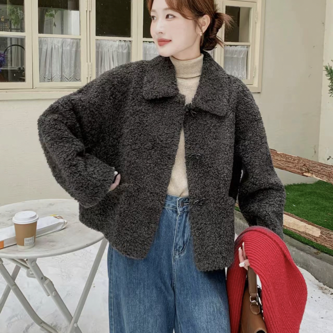 小个子毛毛一体绒外套冬季时尚百搭短款翻领保暖气质秋冬毛毛一体