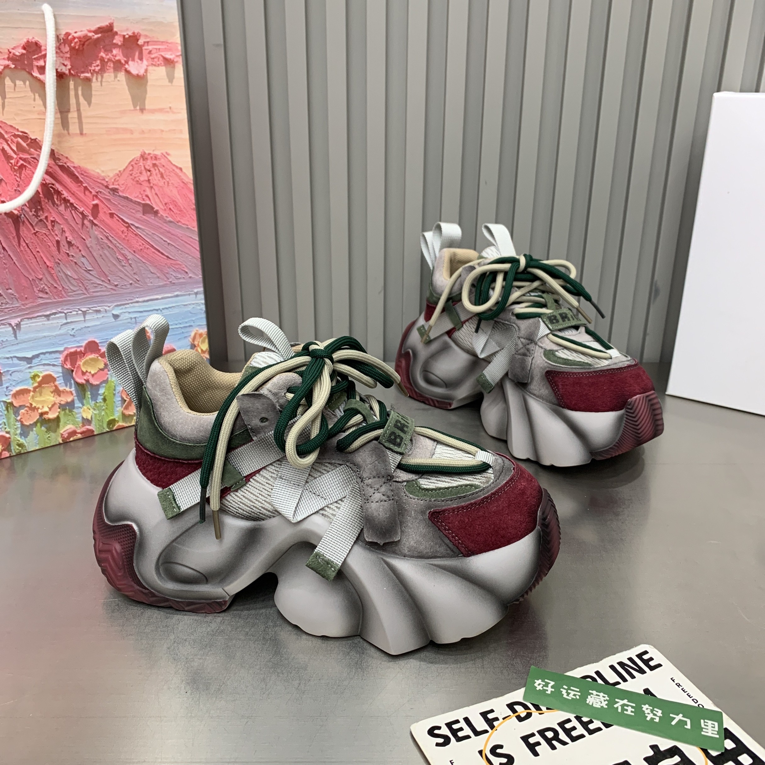 欧洲站气球底皮配网面厚底时尚拼色机车老爹鞋休闲复古百搭时尚潮