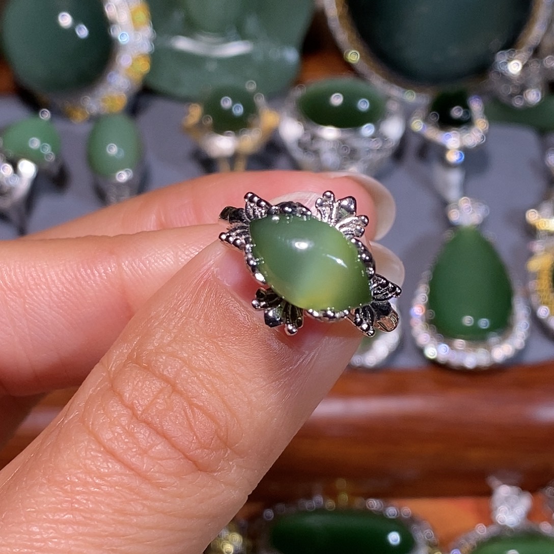 和田玉（碧玉）银S925镀金镶嵌戒指