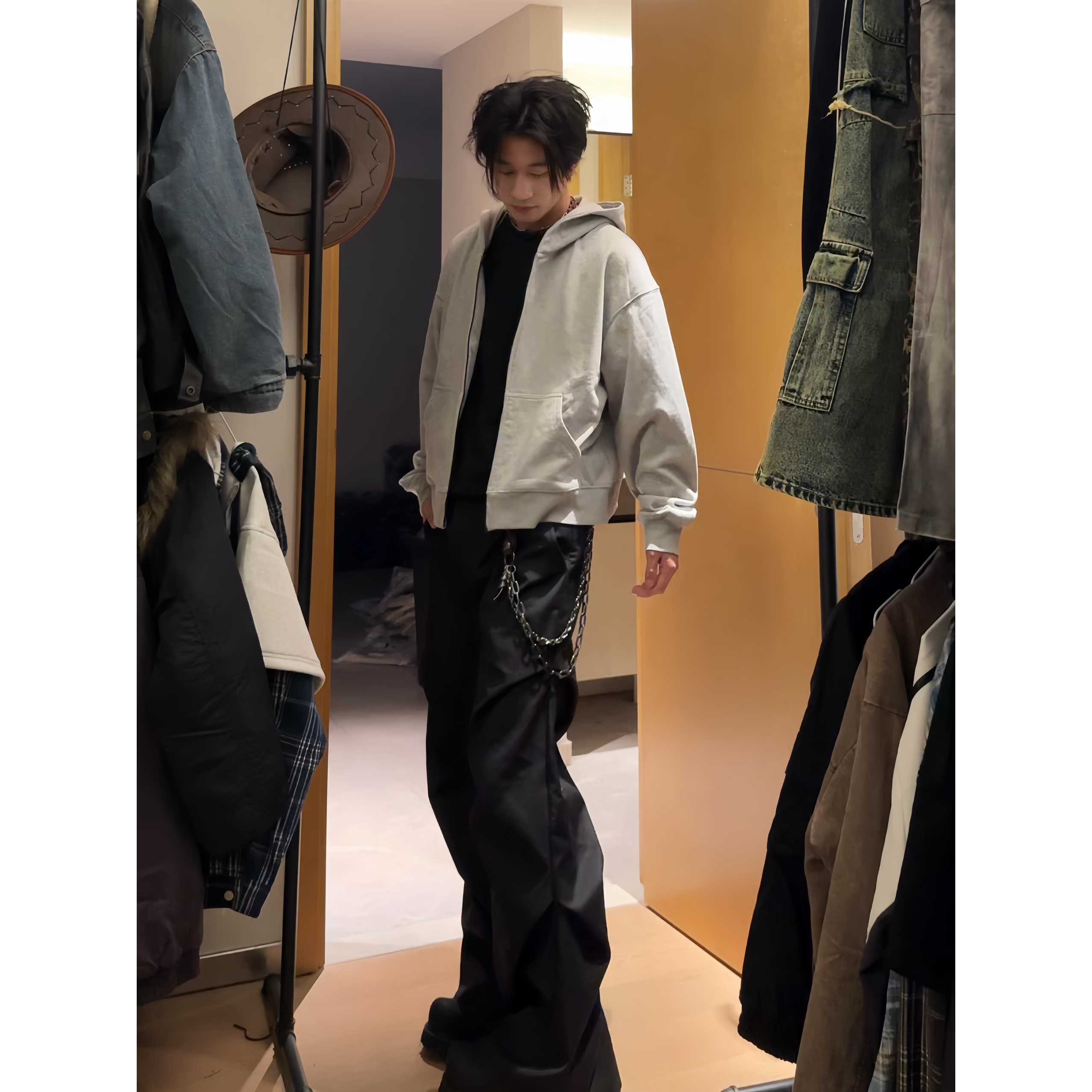 行星世界 cleanfit浅灰色外套男潮流高级感美式复古连帽开衫卫衣