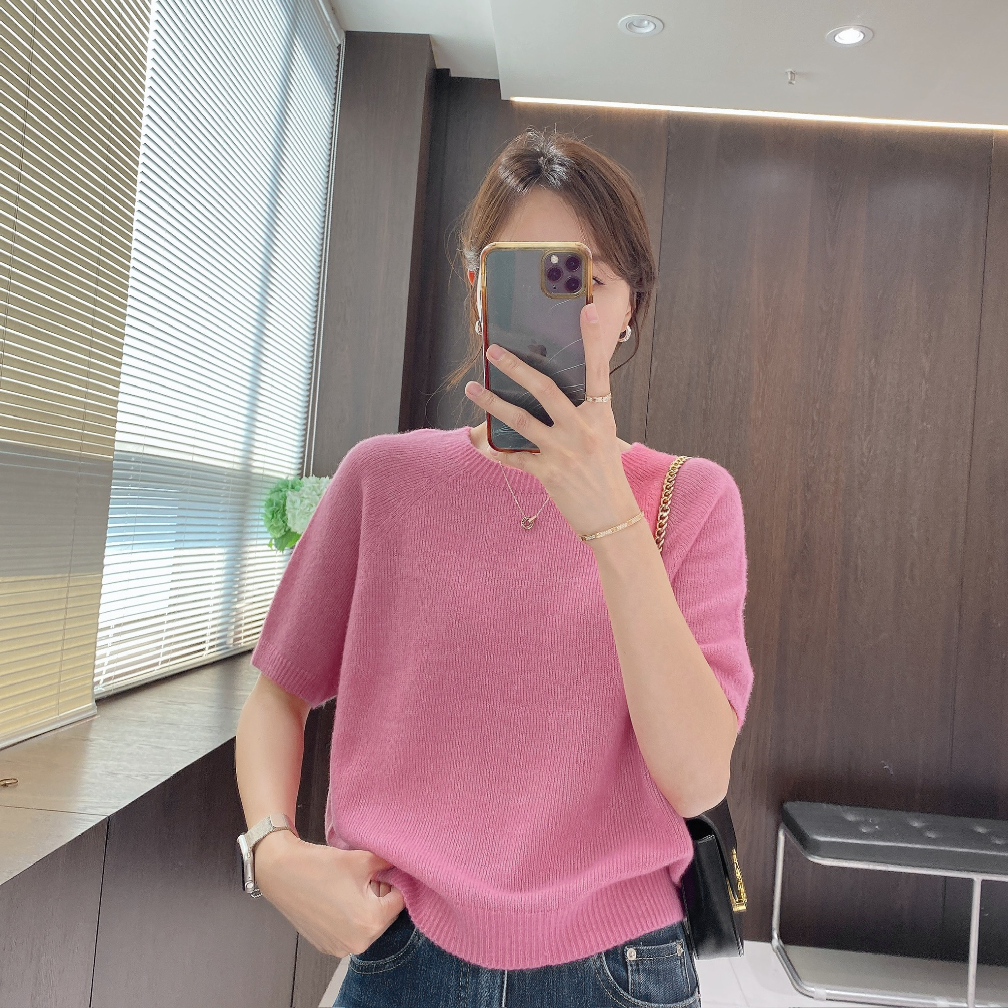 IMFLY金小金自制女装 莱赛尔羊毛衫DYW9698秋装纯色短袖秋季上衣