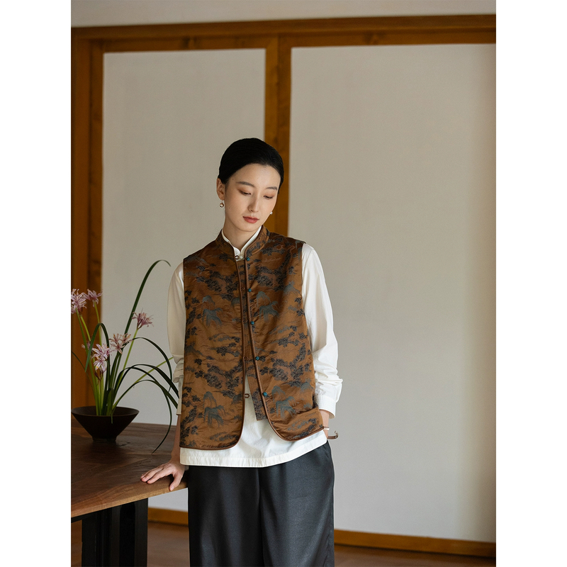 牧衣游原创 32姆米重磅真丝棉提花马夹东方复古中国式开衫 晚雨