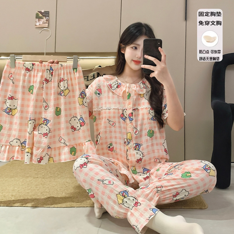 带胸垫夏季女款短袖薄款卡通可爱宽松休闲睡衣家居服
