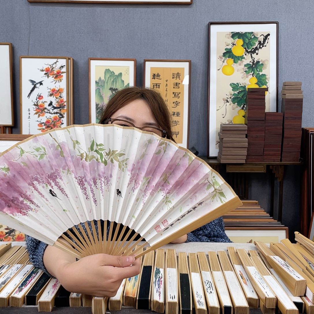 国画95寸玉竹-纯手绘-文玩扇骨（默认粘好）