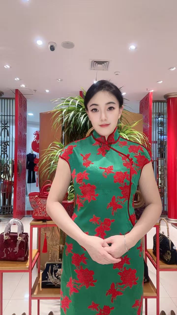 朱紫褕170577旗袍/无袖款/新中式/红绿配色