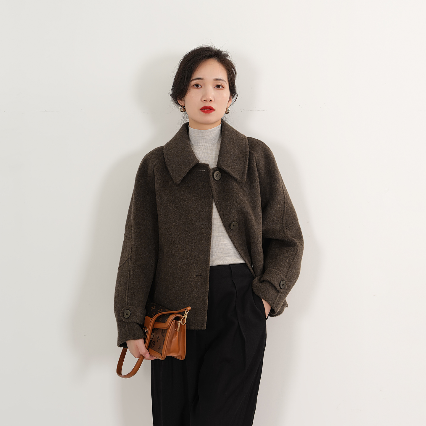 EKNR100%羊毛双面呢女短款2025双面羊毛大衣女加厚翻领毛呢外套