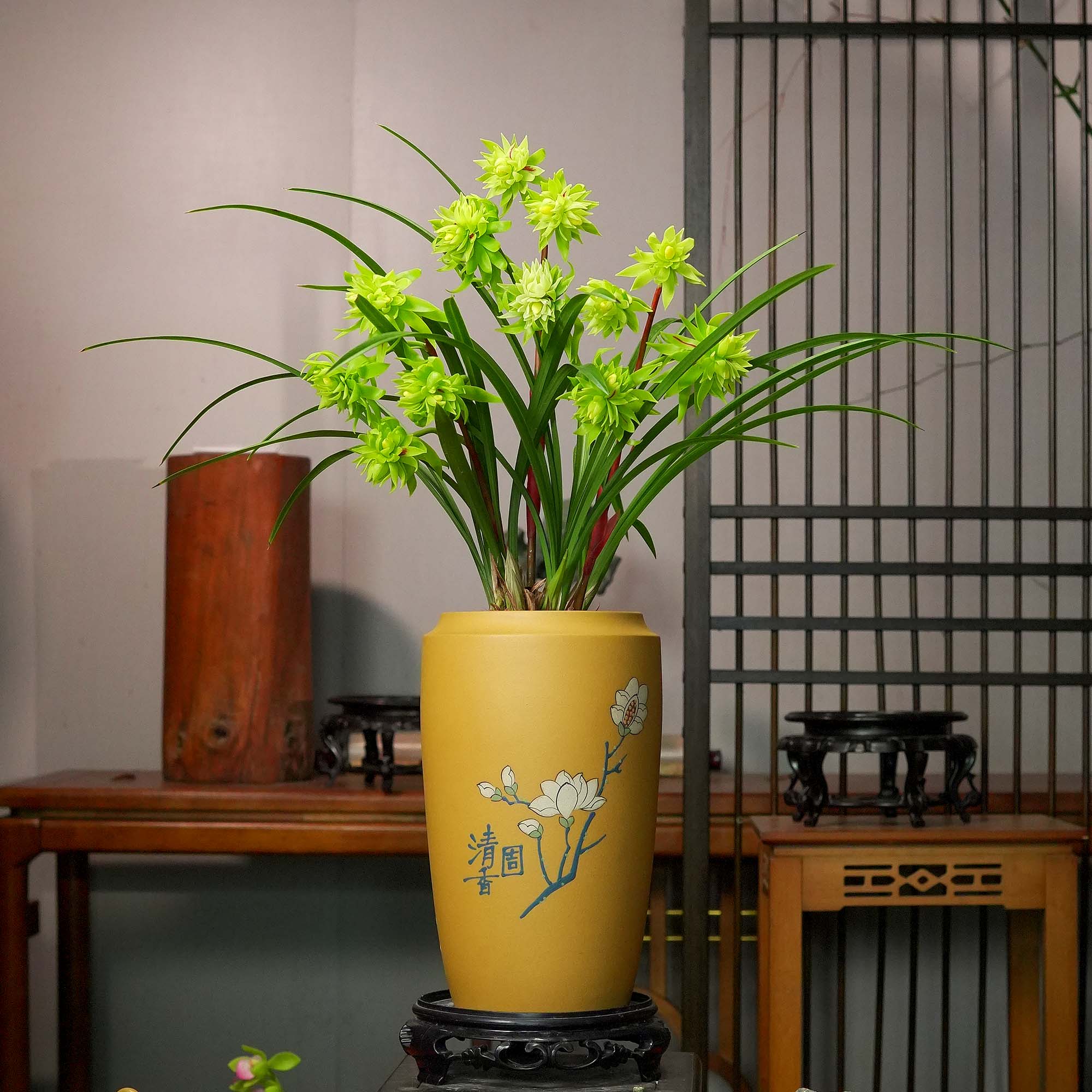 春兰铭品【翠影无双】黄段泥紫砂花盆花苞幽香兰花室内好养易活