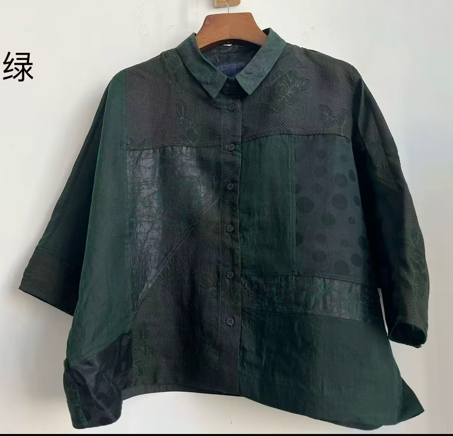 无相布衣分享-荼家衬衫衬衣桑蚕丝翻领拼接七分袖上衣长56围135