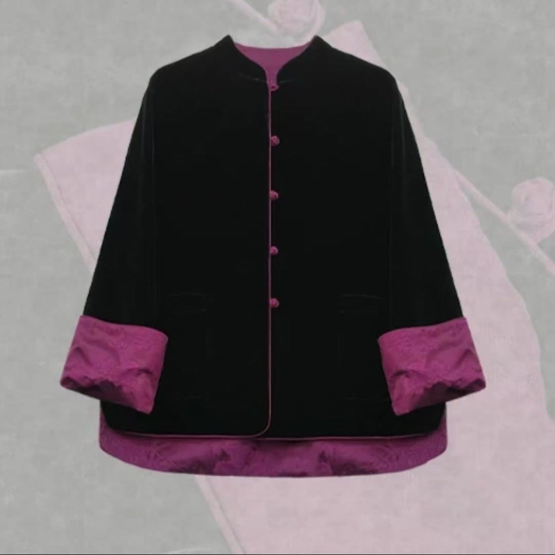 1804国潮中式复古丝绒提花双穿薄棉棉服女款外套