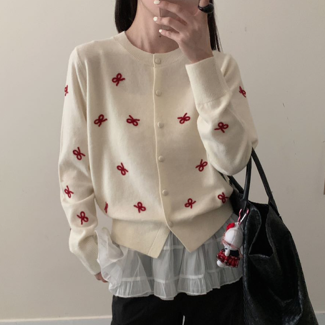 韩系氛围感蝴蝶结开衫毛衣