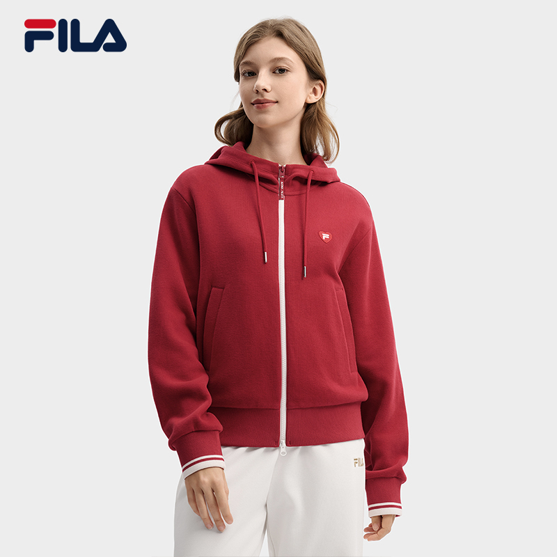 Fila/斐乐【马上起飞】女士春季时尚针织上衣新款舒适红色连帽外套