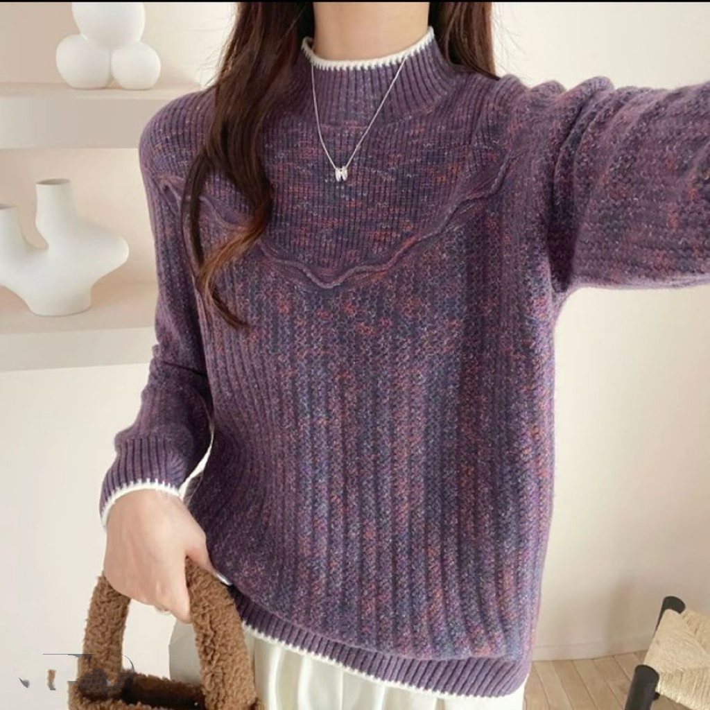 秋冬新款半高领针织套头毛衣女加厚花纱洋气百搭打底内搭外穿上衣