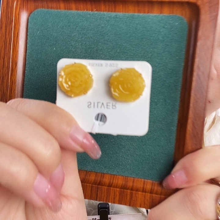 蜜蜡银S925镶嵌耳饰耳钉