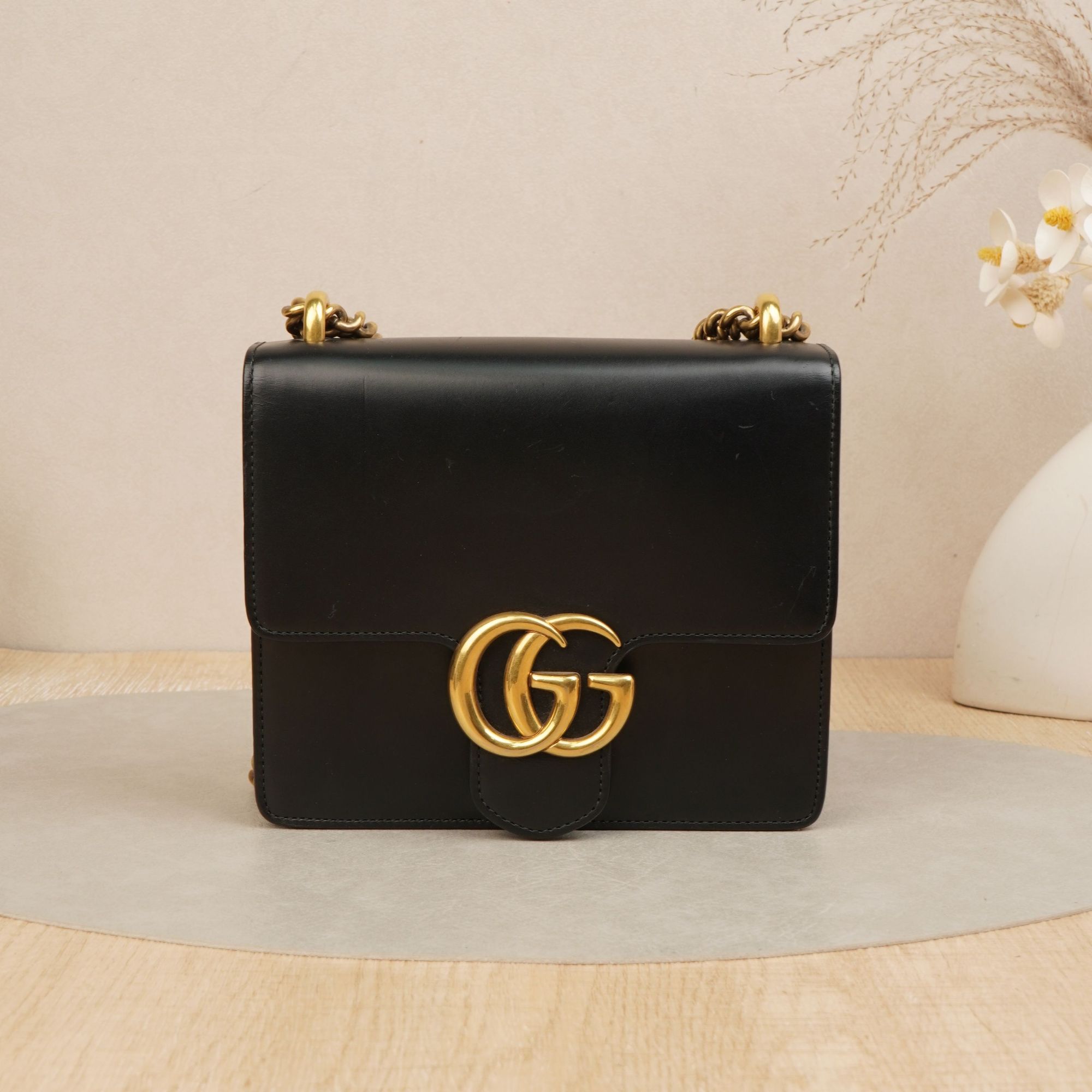 95新 GUCCI/古驰 古驰链条风琴包黑金牛皮/DS042987