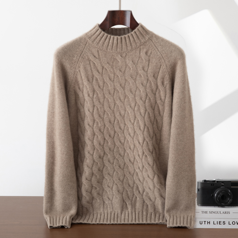 不议价男士纯山羊绒630克五针四股加厚圆领插肩麻花长袖套头衫