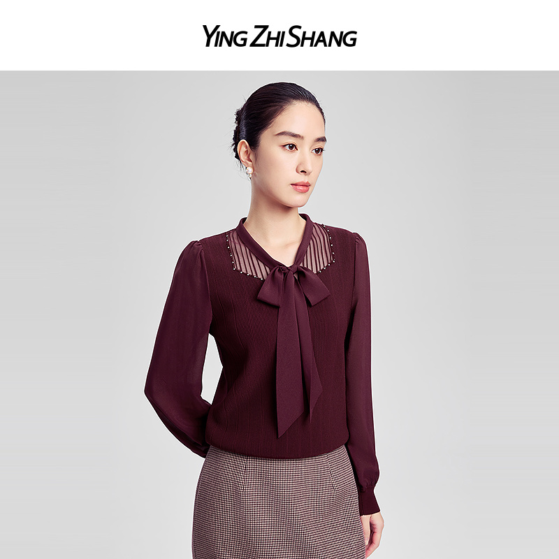 赢智尚轻奢新款美拉德高级醇酒红优雅飘带领针织衫女ZZ00419