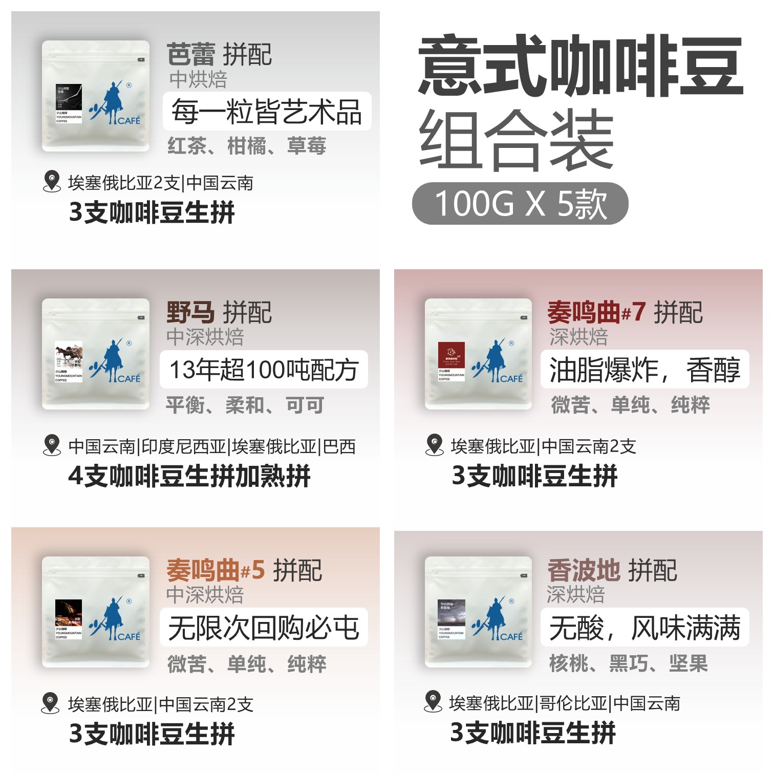 【抖音专享新品】5包100g拼配全家福咖啡豆野马芭蕾香波地奏鸣曲