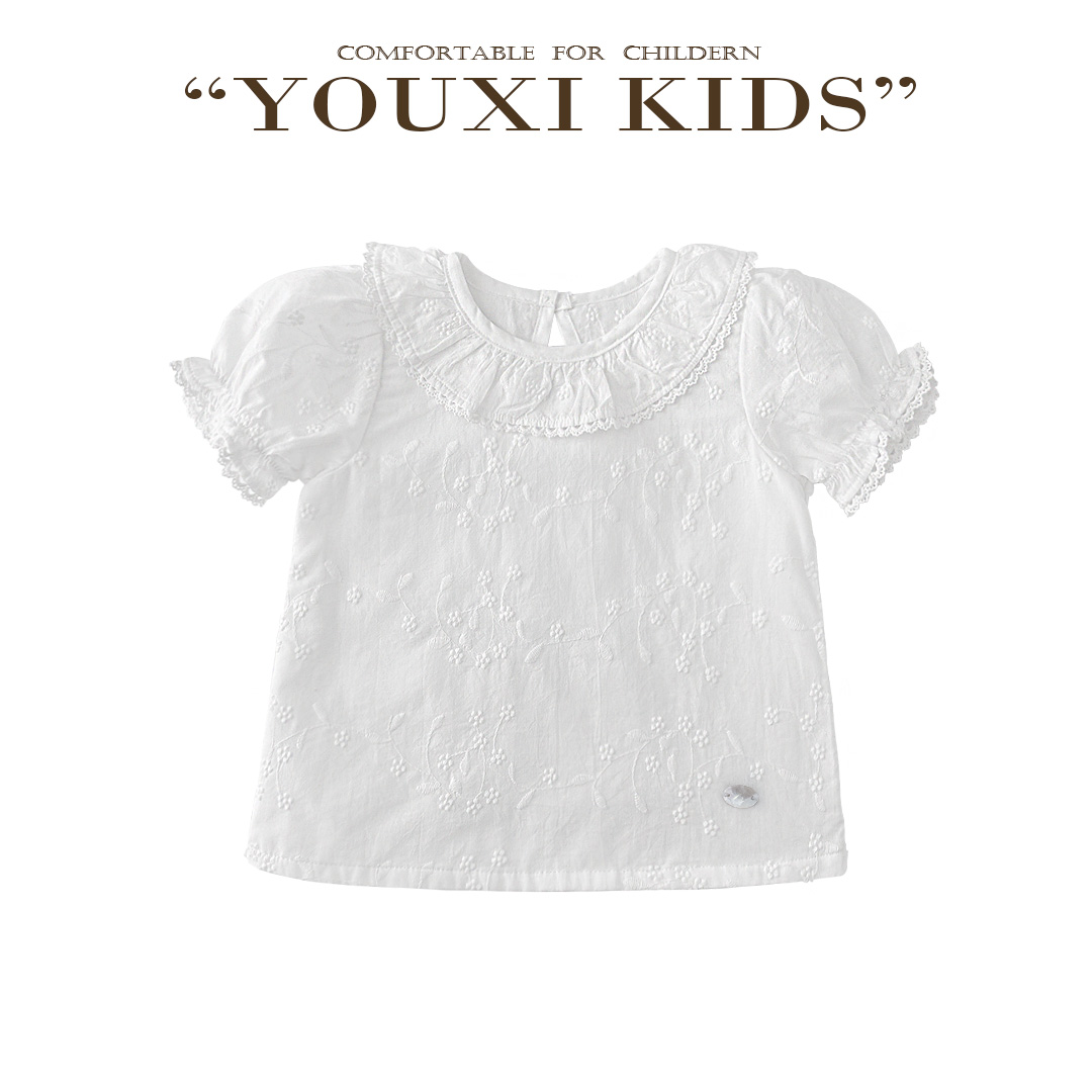 现【飞飞家】·白茉莉新款花边精致重工刺绣泡泡袖蕾丝边衬衫 FF2581