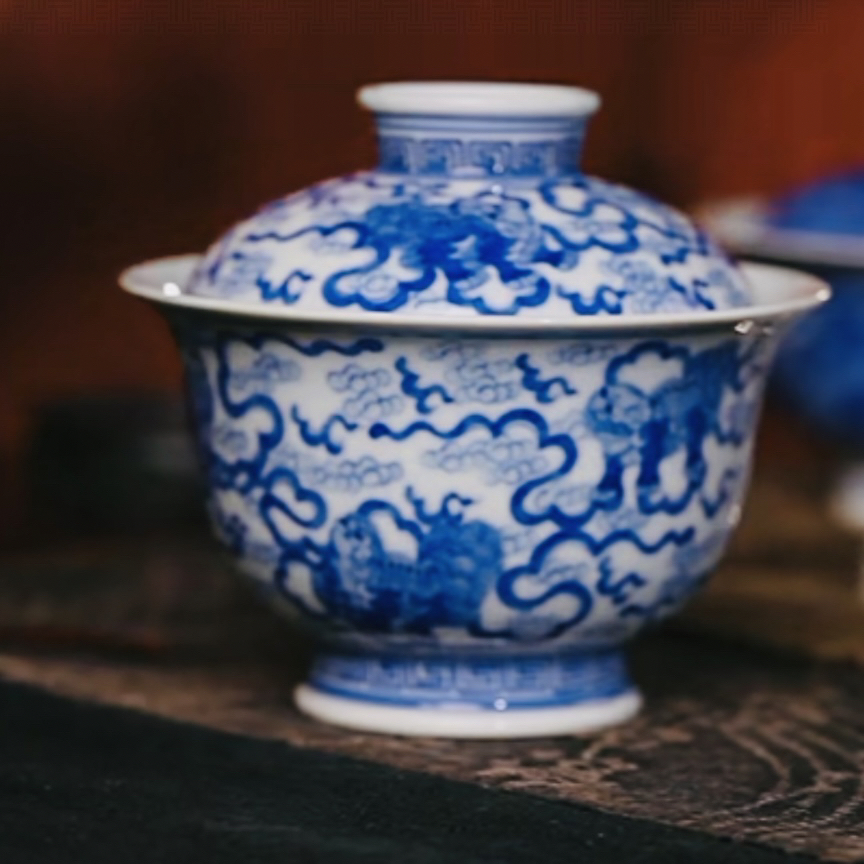 【黄老邪真选】觉山隐窑｜青花经典狮子纹昆仑型大盖碗茶具（约150ml）