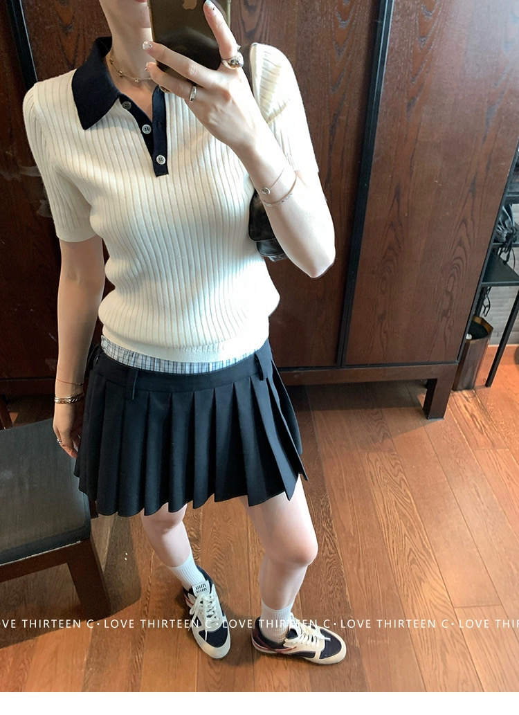 撞色polo领时髦贝壳扣正肩坑条针织短袖T恤上衣女
