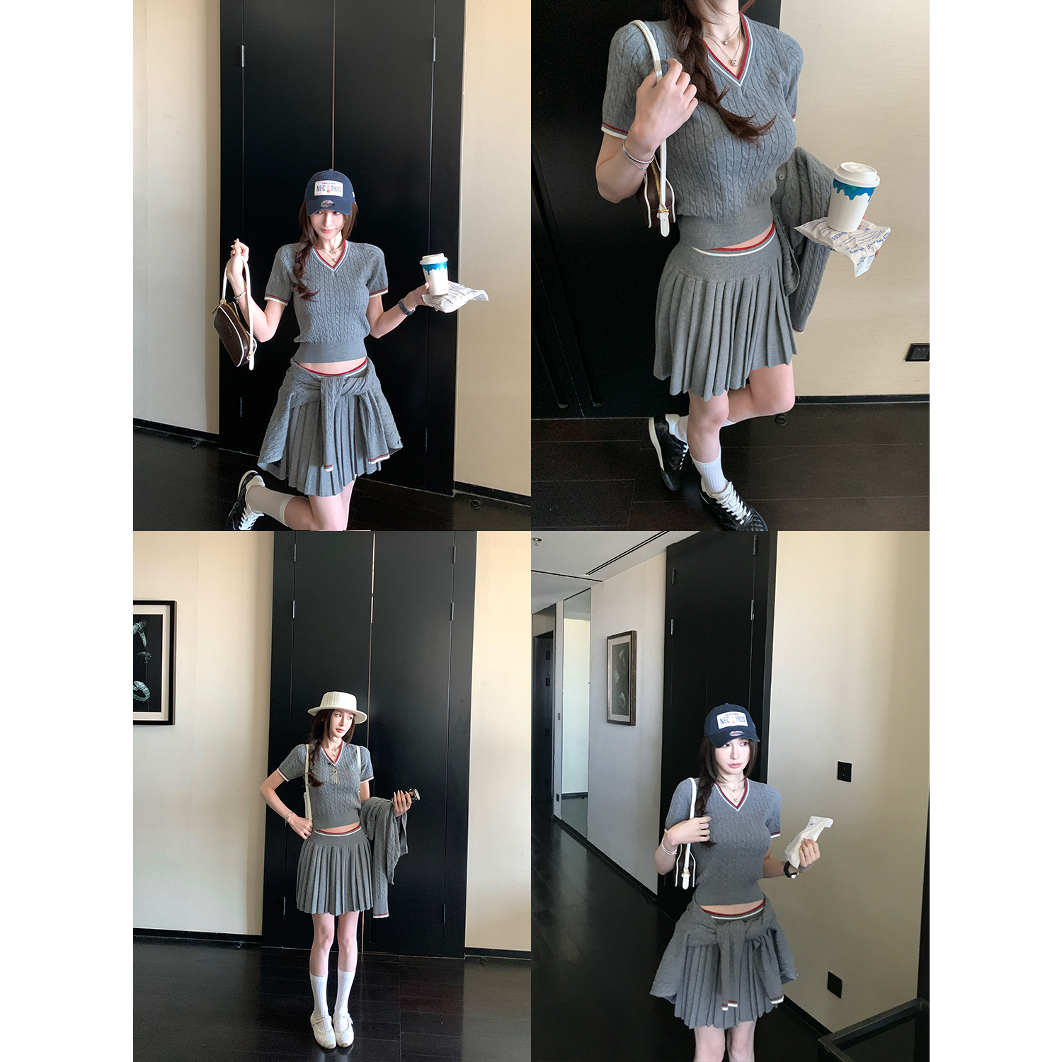 SKK 新贵港女 奢感绵羊毛绞花针织开衫T恤百褶半裙套装