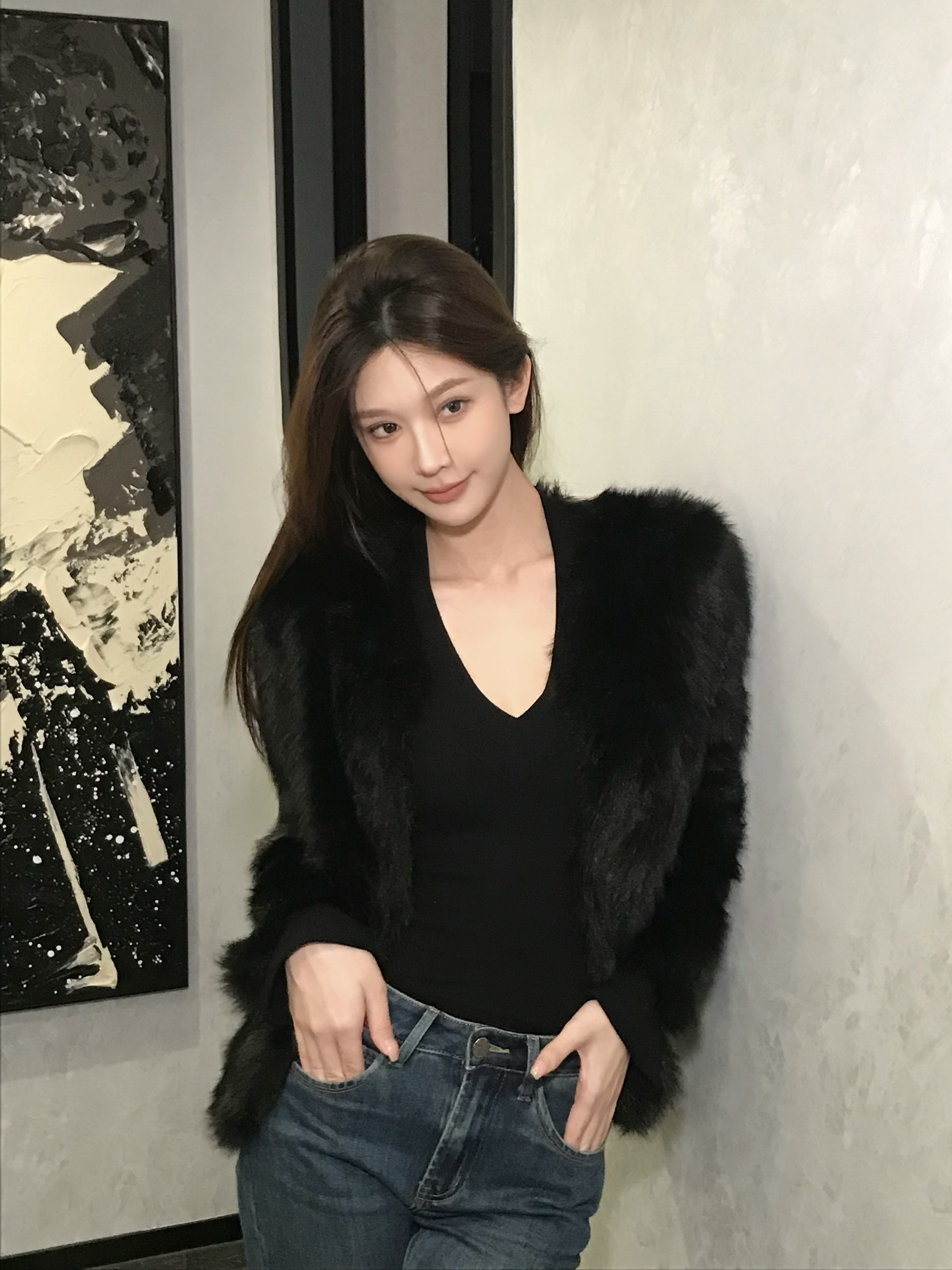 DYS25年秋冬新款时尚韩版v领韩版毛毛外套