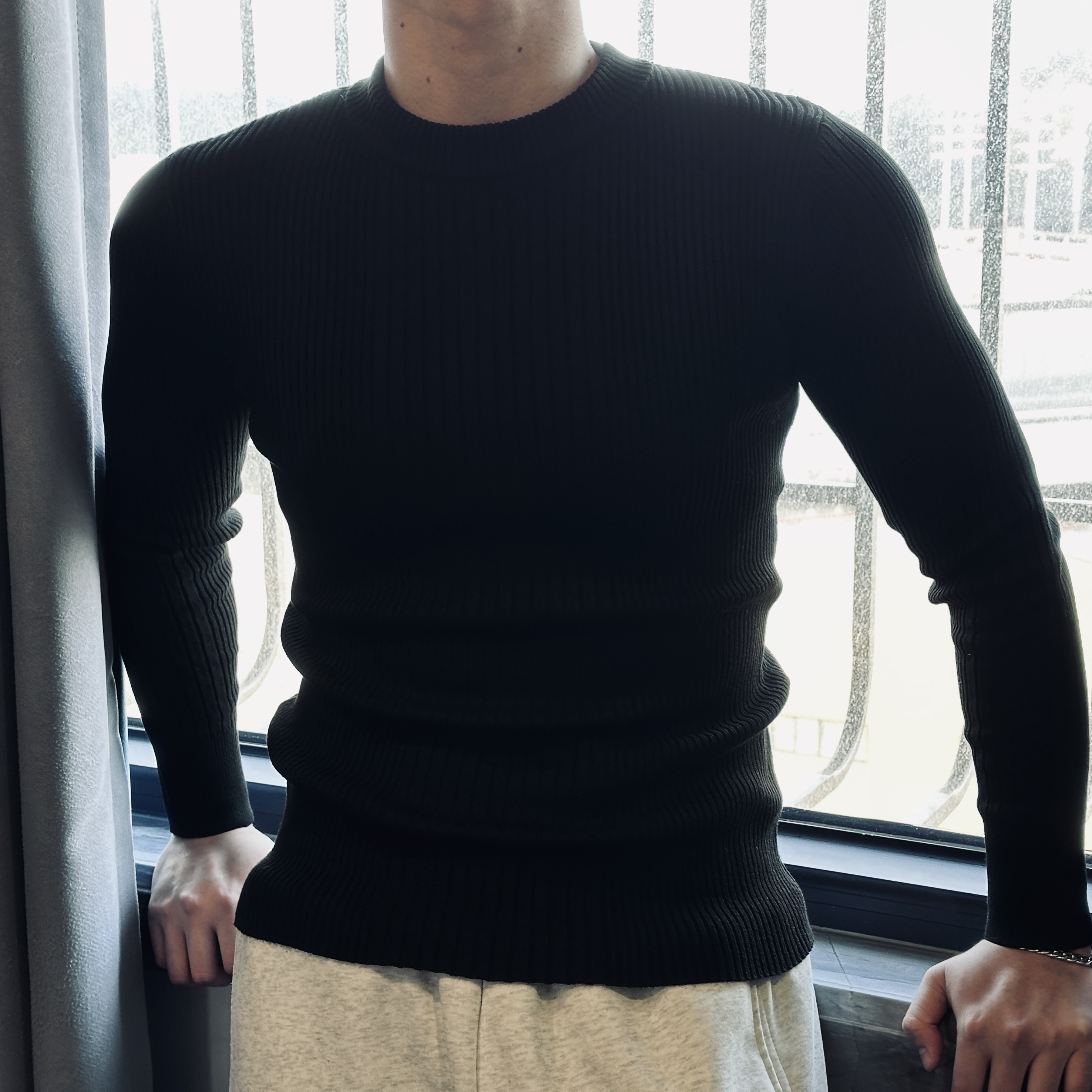 男士秋冬纯色重磅保暖百搭时尚打底休闲长袖T恤舒适修身螺纹圆领