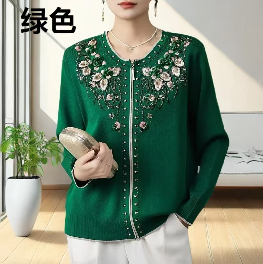 南希妈妈秋冬新款珠珠绣绒花拉链圆领开衫毛衣外套121