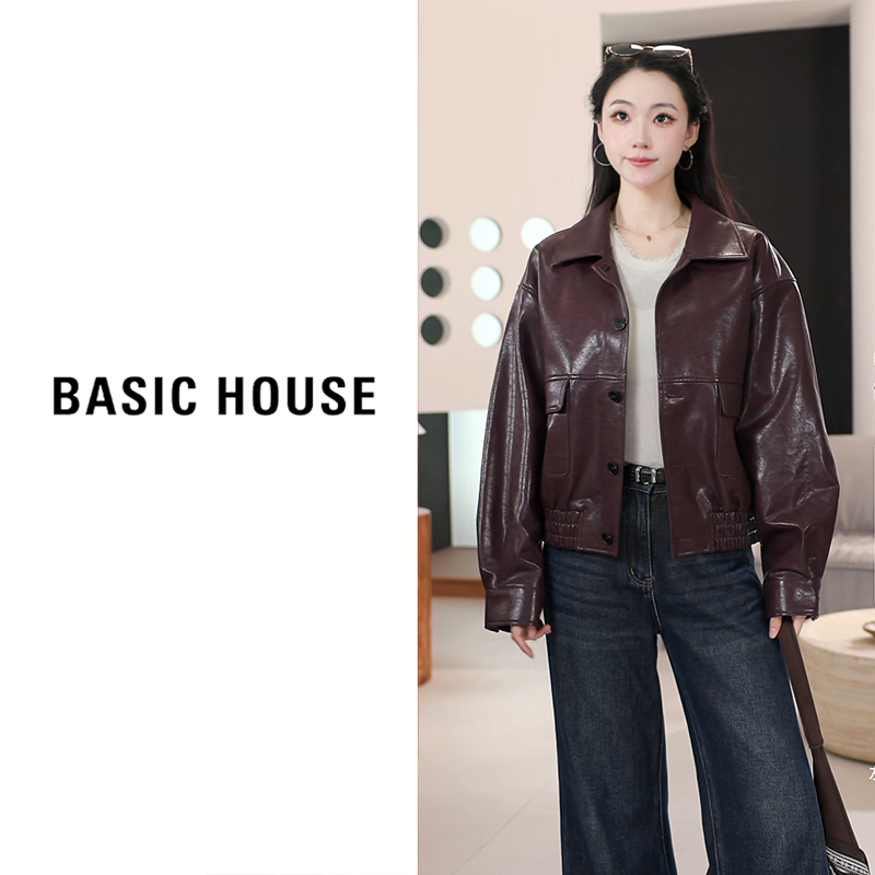 Basic House/百家好2025短款皮夹克外套女B1295B5J732（衣长60）