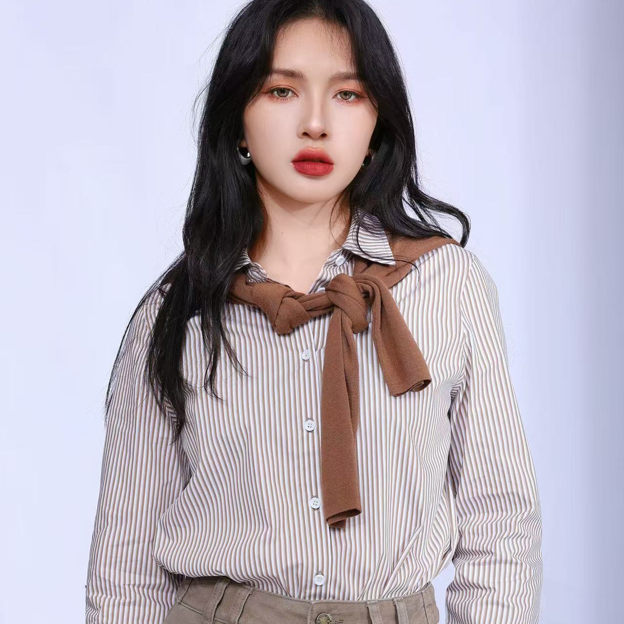 领姿LINGZI条纹百搭宽松长袖衬衫气质显瘦3129083