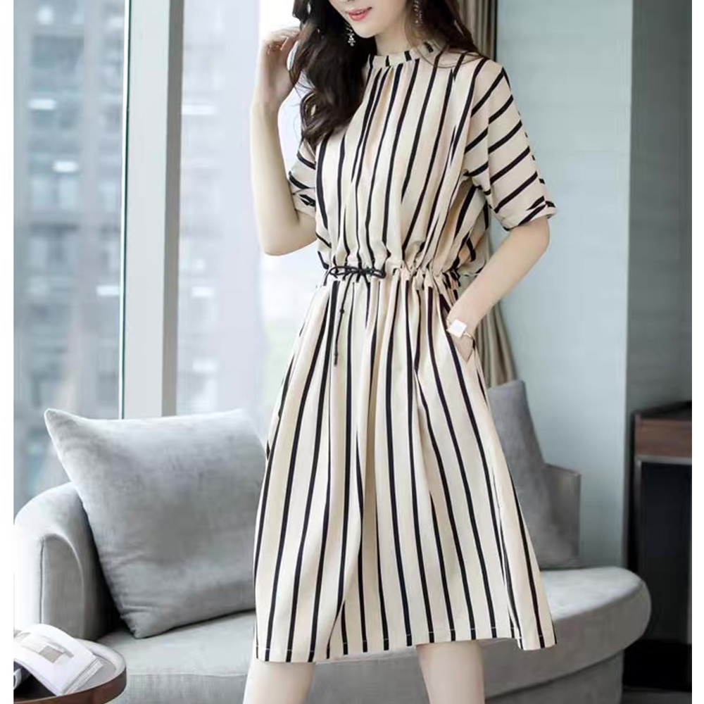 真丝斜纹绸斜襟条纹抽绳收腰显瘦100桑蚕丝连衣裙ZKC21白色