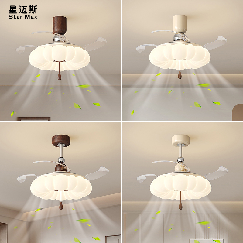 中古奶油风扇灯隐形扇叶餐厅吊灯2025年一体卧室儿童房间吊扇灯具