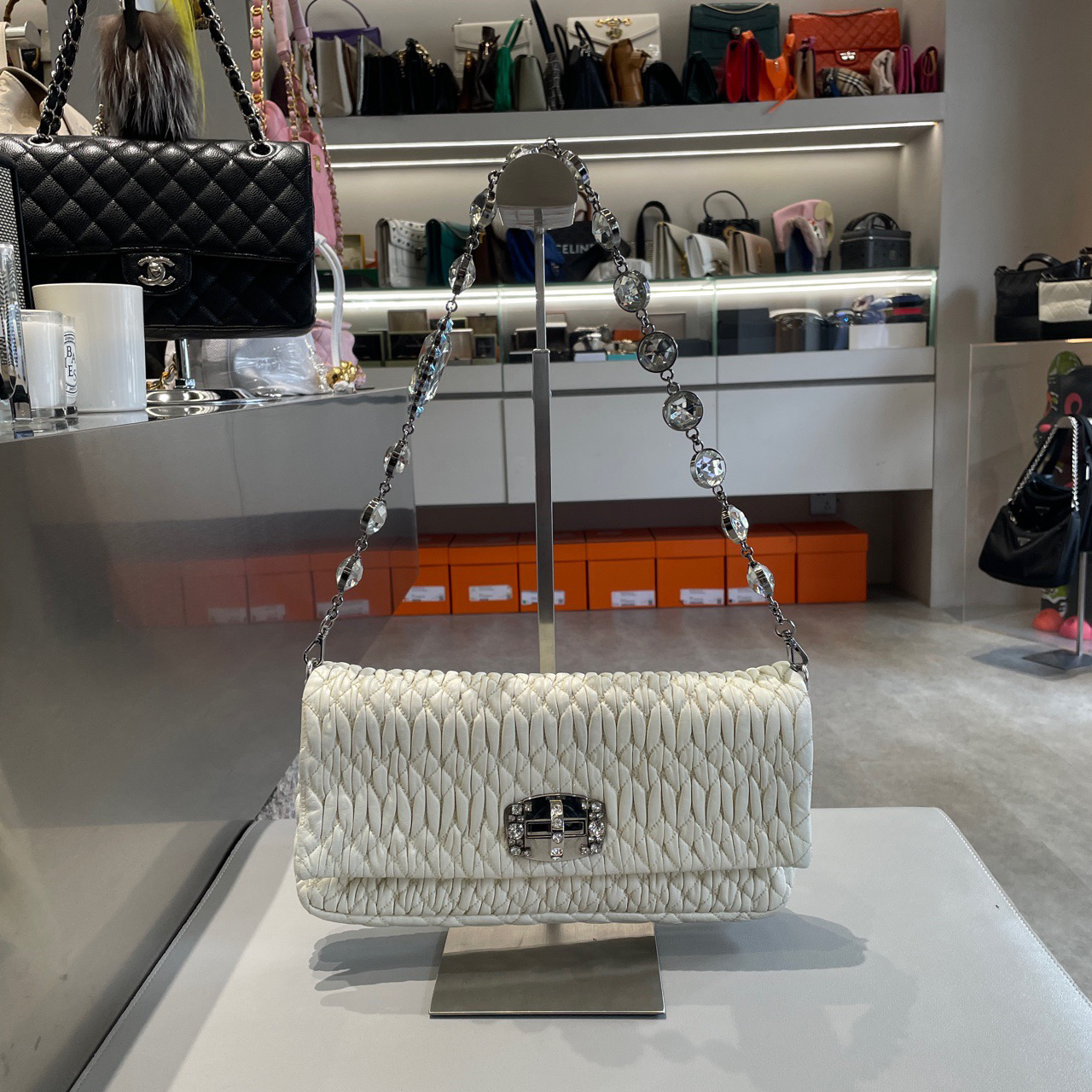 95新 MIU MIU/缪缪 白色宝石褶皱元素链条包