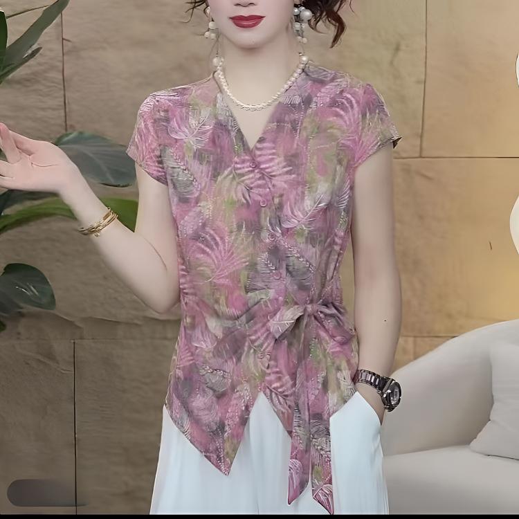 宽松型T恤女士百搭时尚V领复古吸汗套装法式短袖休闲风妈妈装小衫