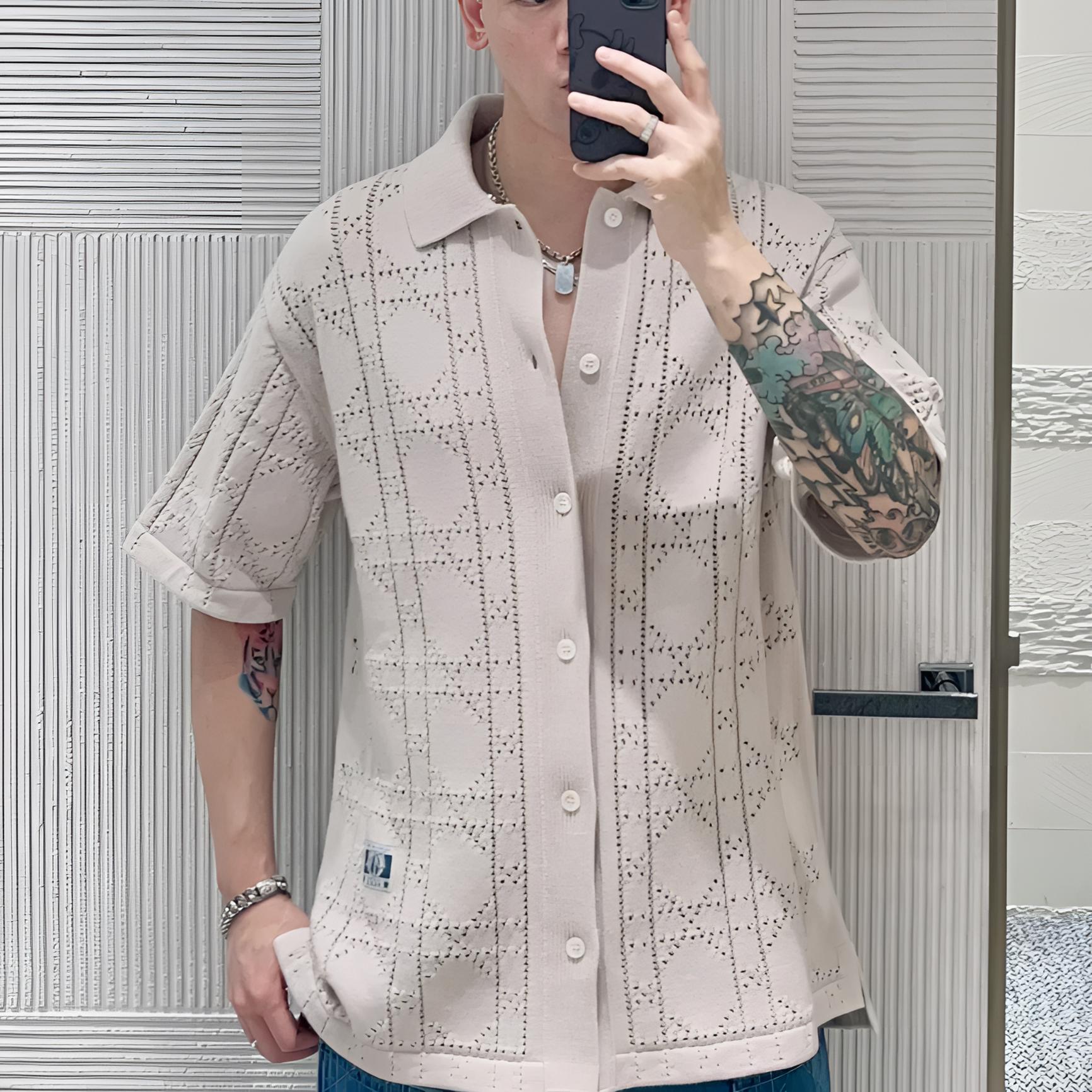 99新 DIOR/迪奥 001438 米色棉质针织短袖衬衫 S码 全新带吊