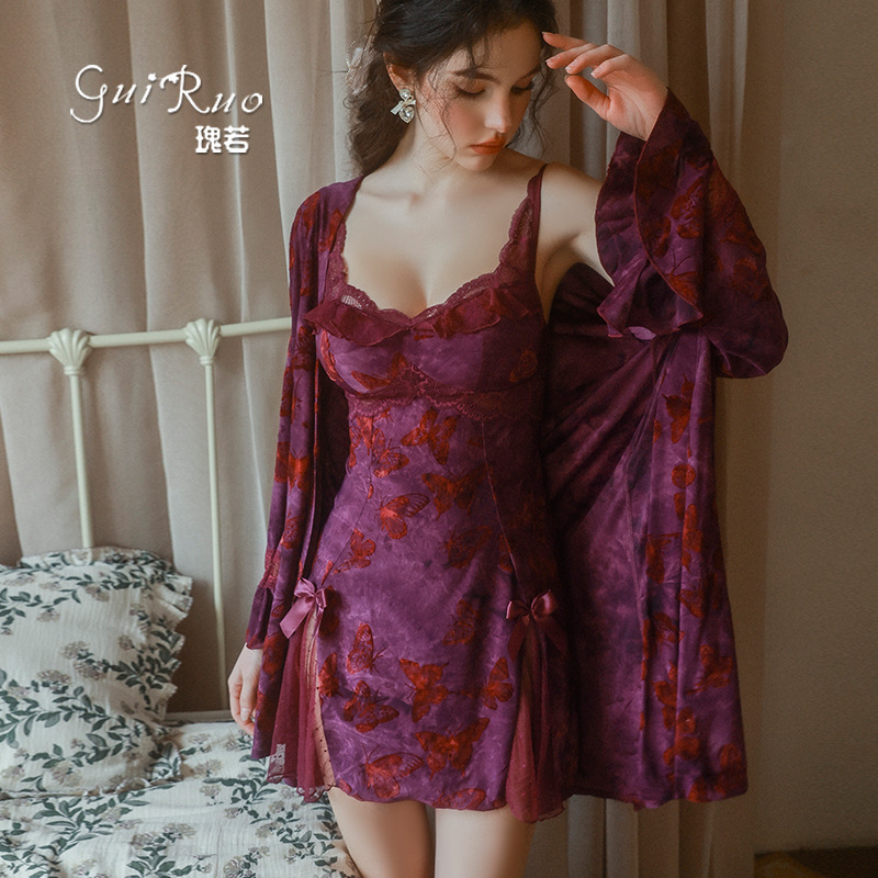[幻蝶]甜美蝴蝶印花火辣露背深V加胸垫睡裙外袍女套装