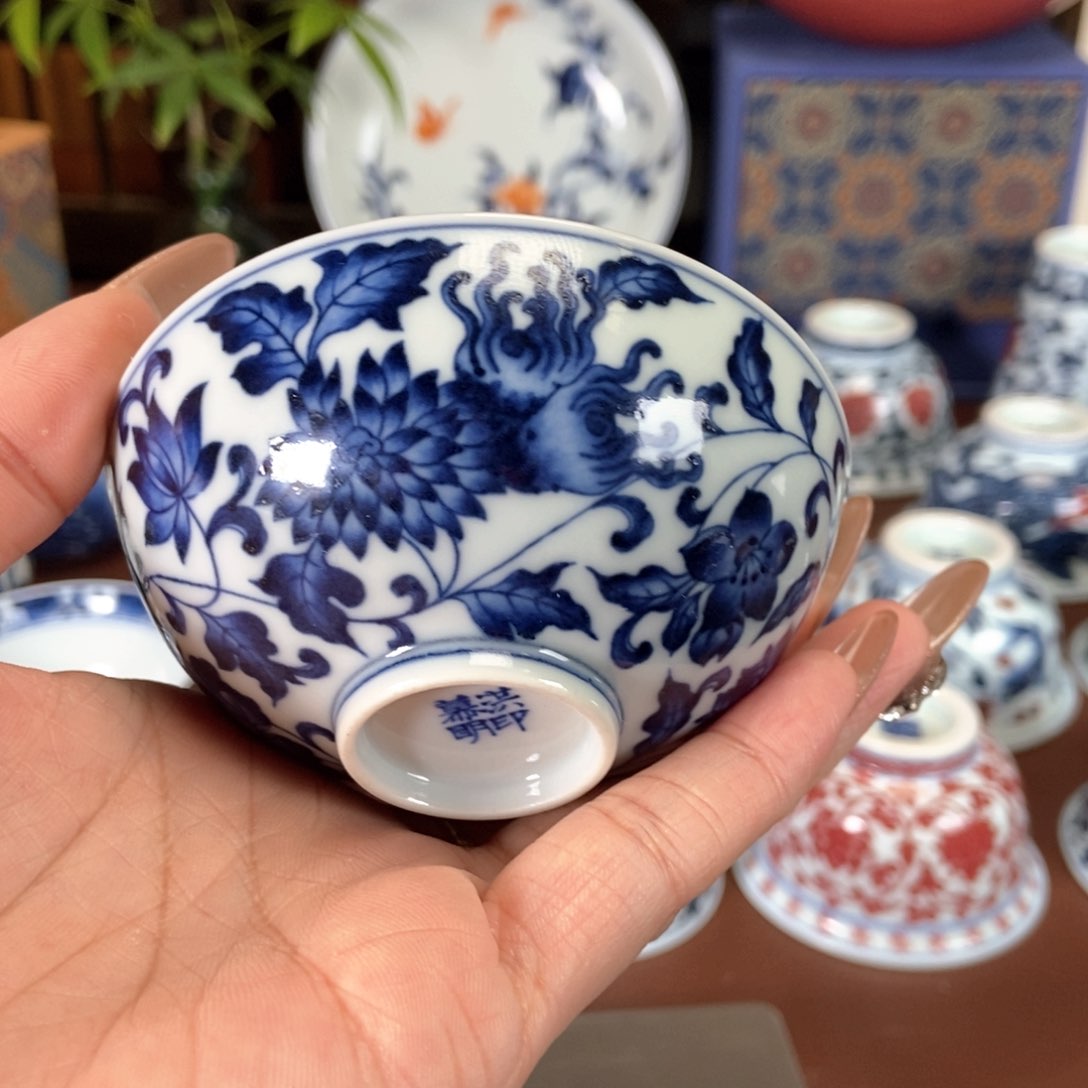 洪印慕明青花三多花神单杯