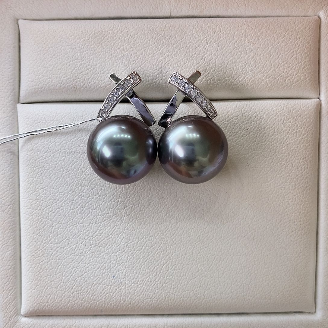海水珍珠耳饰银S925镶嵌大溪地12-13m m