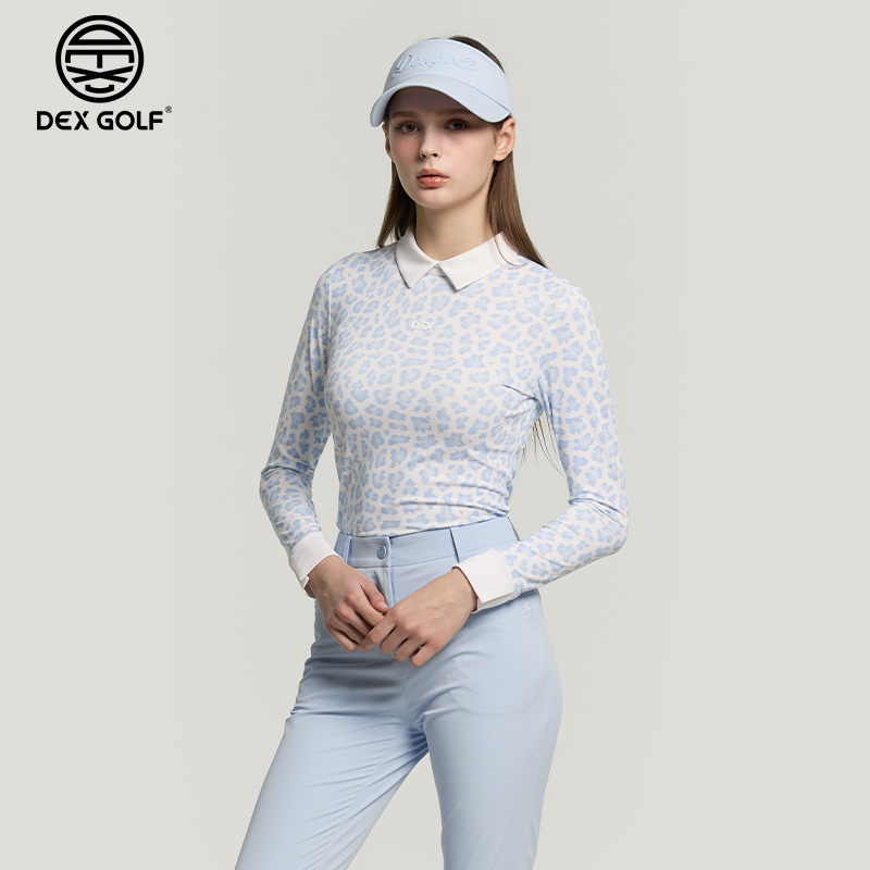 DEXGOLF高尔夫春夏女士长袖T恤3330豹纹印花翻领上衣户外运动休闲