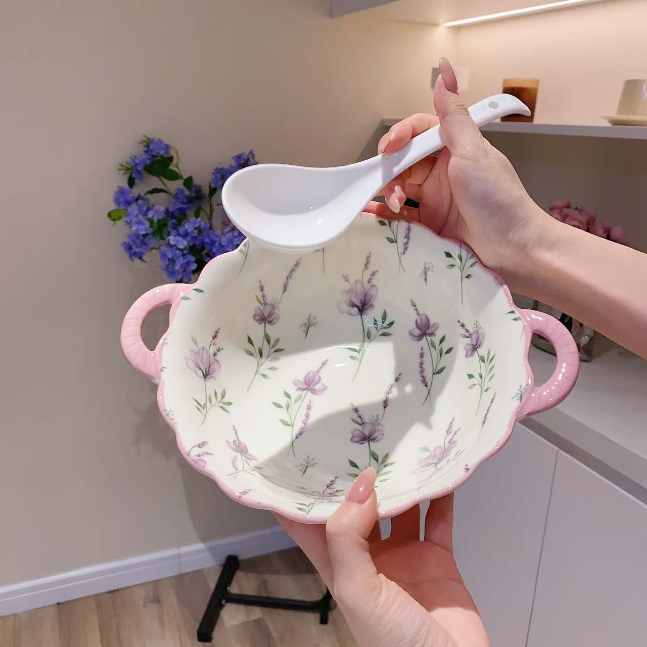 【薰衣草双耳汤碗+汤勺】陶瓷大号双耳汤碗高颜值家用大容量汤碗