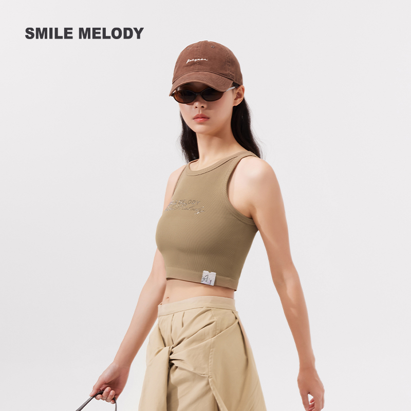 Smile Melody 钻烫字母螺纹无袖背心运动瑜伽短款时尚户外休闲