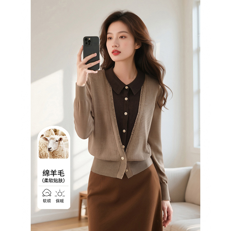 晚白【新品】2025撞色高弹假两件针织衫女25060516