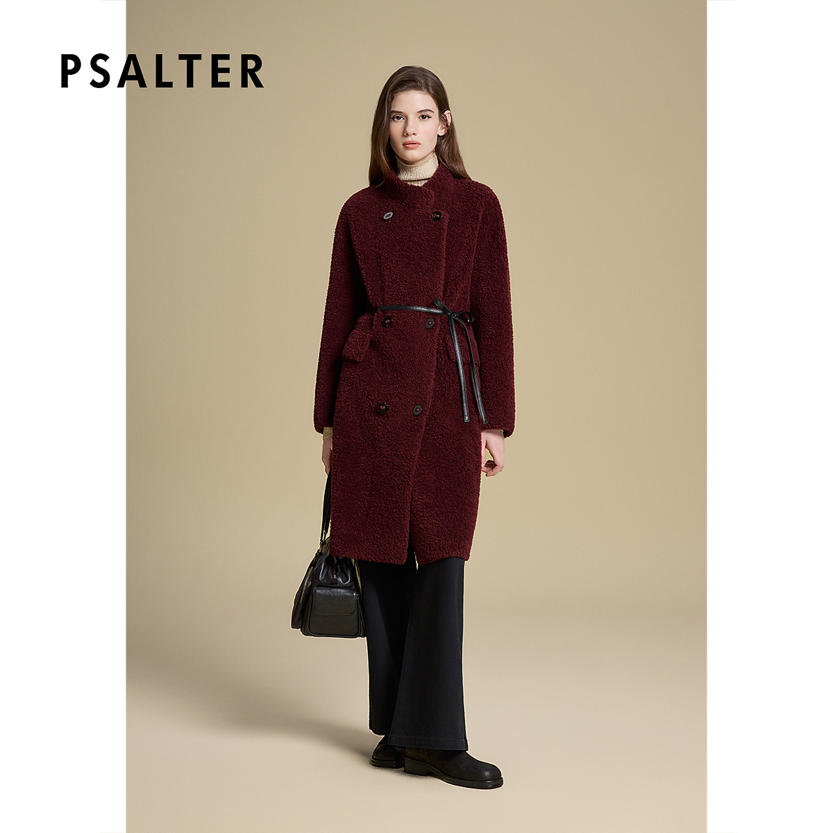 诗篇专选复古收腰系带颗粒绒长款立领羊毛大衣2025秋季新款