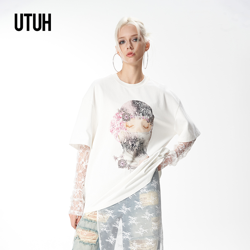 UTUH 白色艺术感人像印花蕾丝袖T恤2025春夏新款 TDWWS1T060