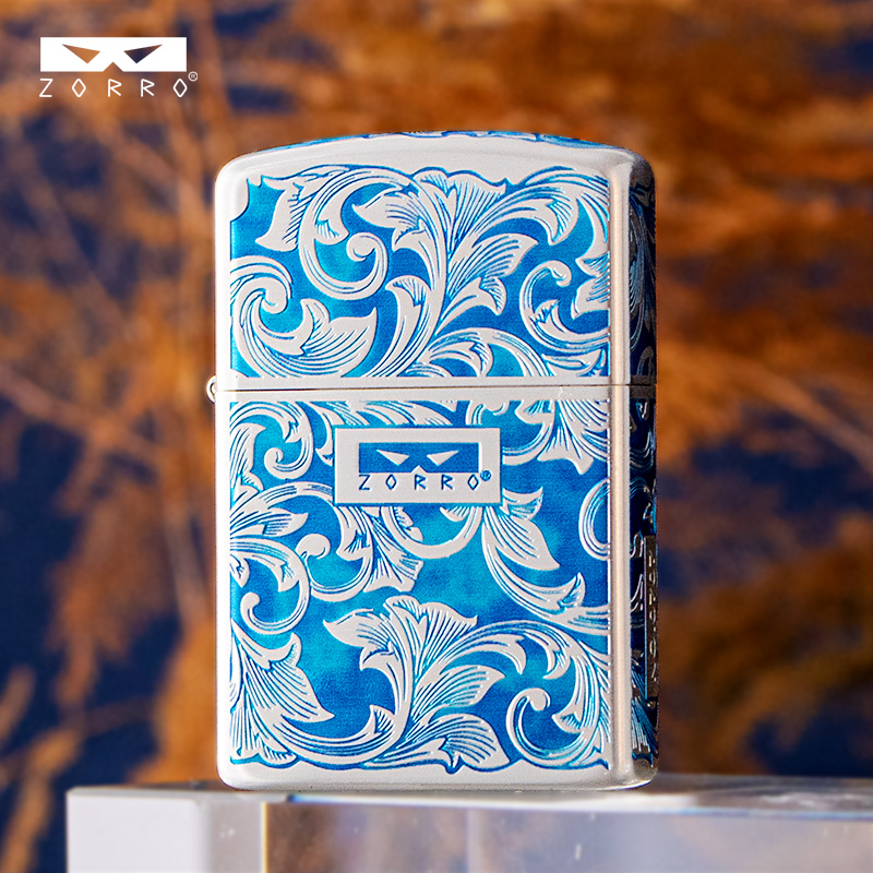 zorro唐草花二代煤油打火机银蓝唐草限量编码送男士礼物潮