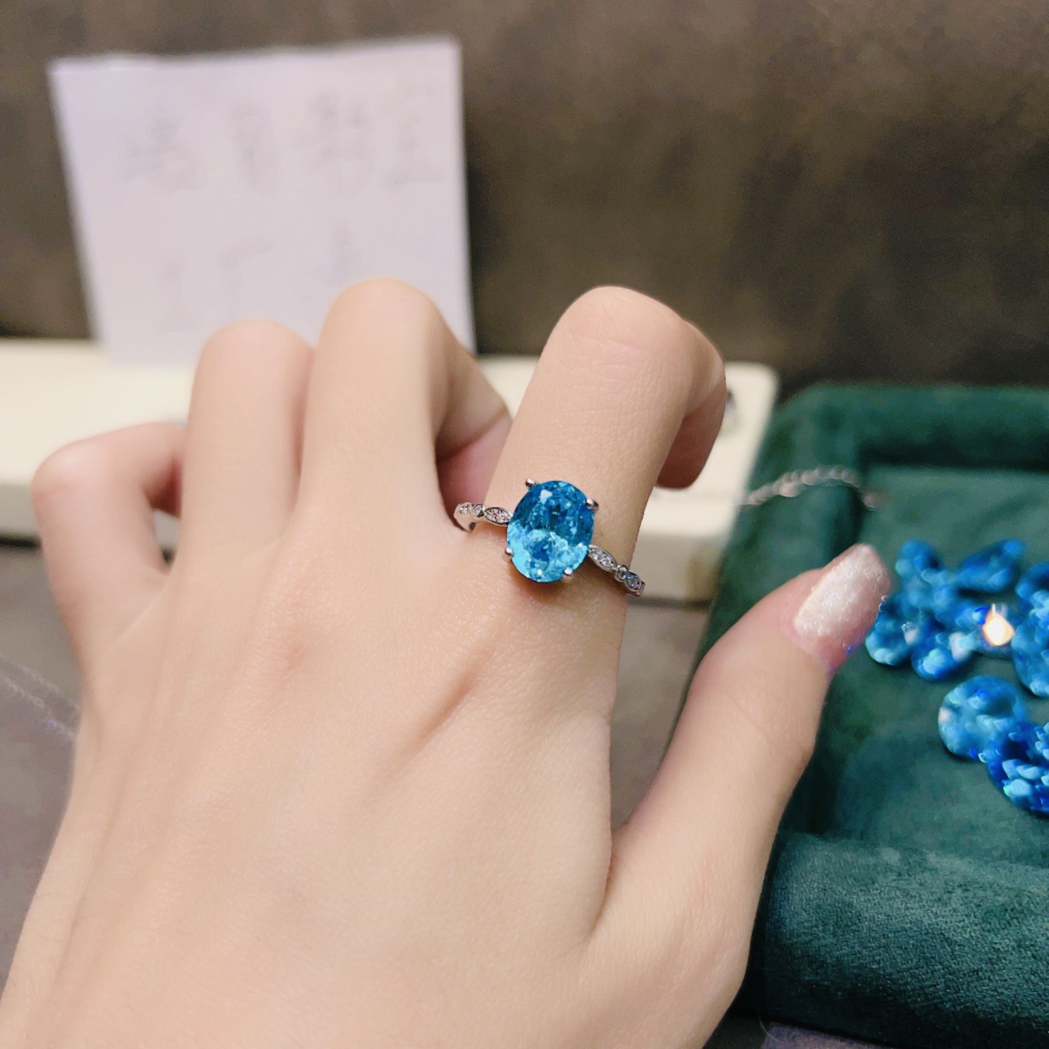 培育海蓝宝石培育海蓝宝【蓝花研】8x10简约戒指997