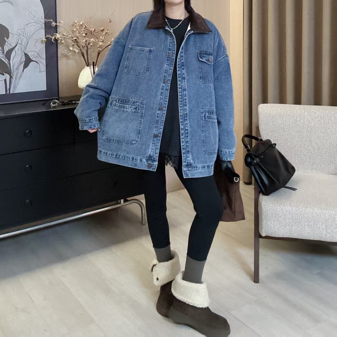 Dayuan  冬季新款复古港风拼接牛仔羽绒服外套511019